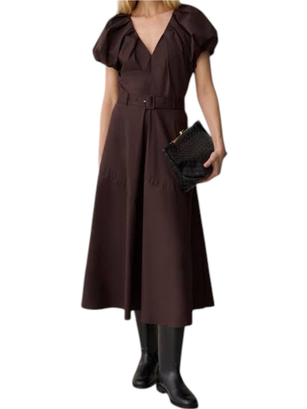 O.P.T. Vivianne Chocolate Puff Sleeve Belted Midi Dress Full Skirt Cinched Waist